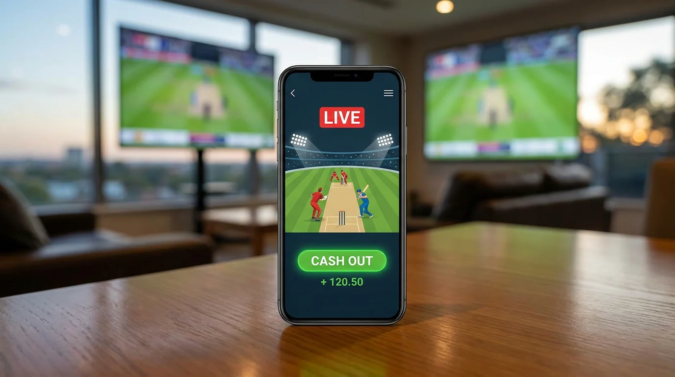 Бутон cash out на букмейкърска платформа по време на live крикет мач