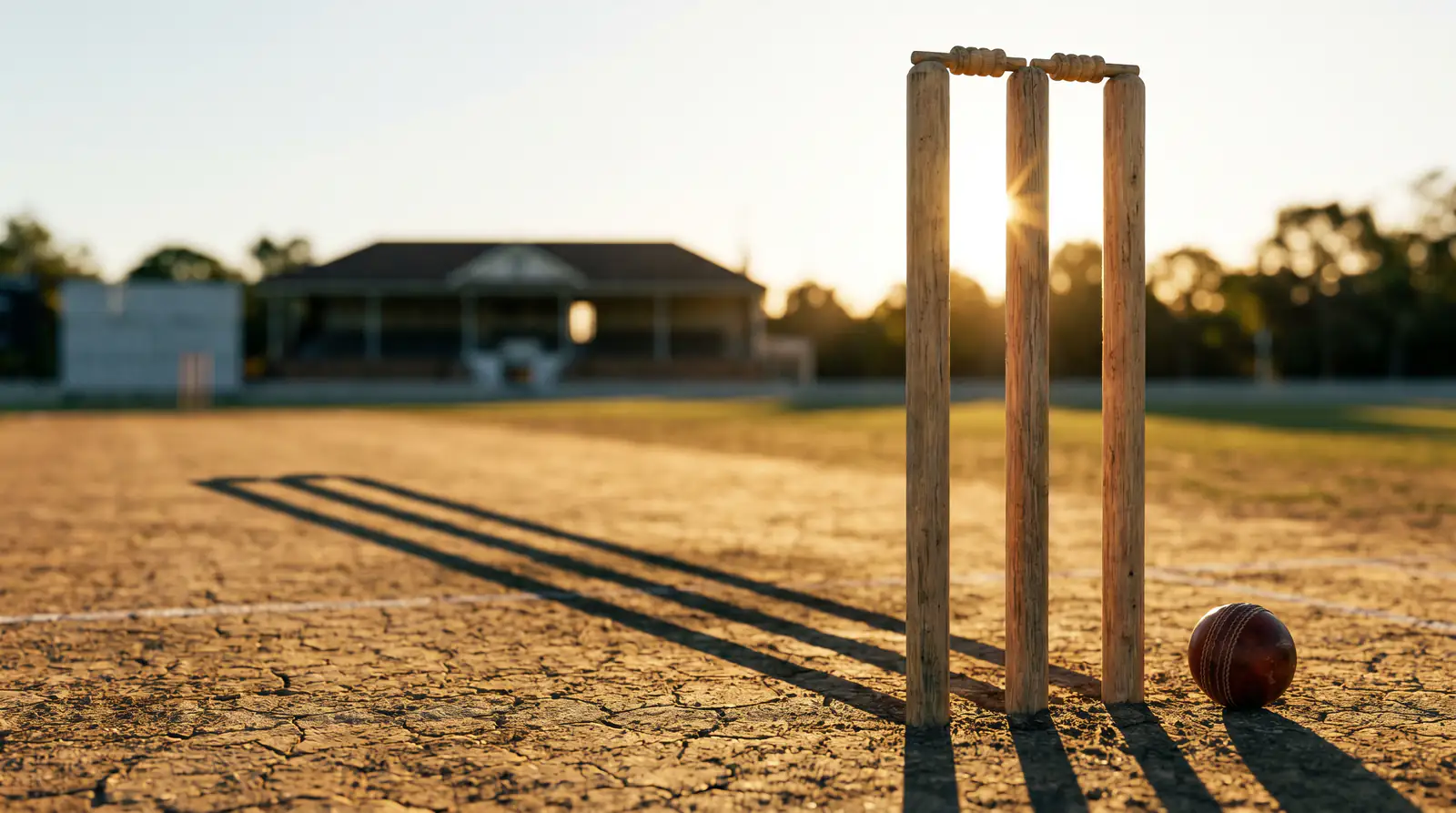 Test крикет stumps със сянка на залязващото слънце